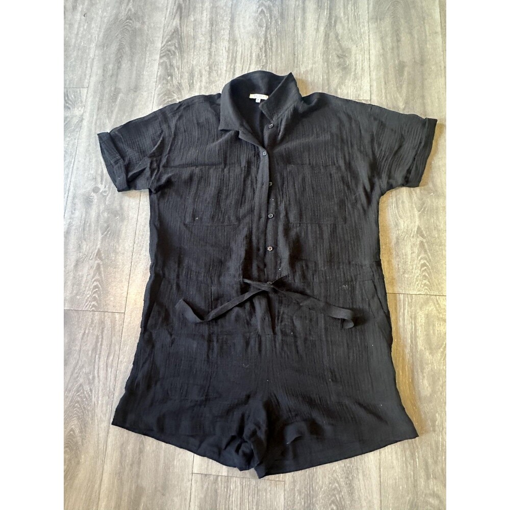 Z Supply Romper Womens Medium Black Short Sleeve Button Front Textured Belted